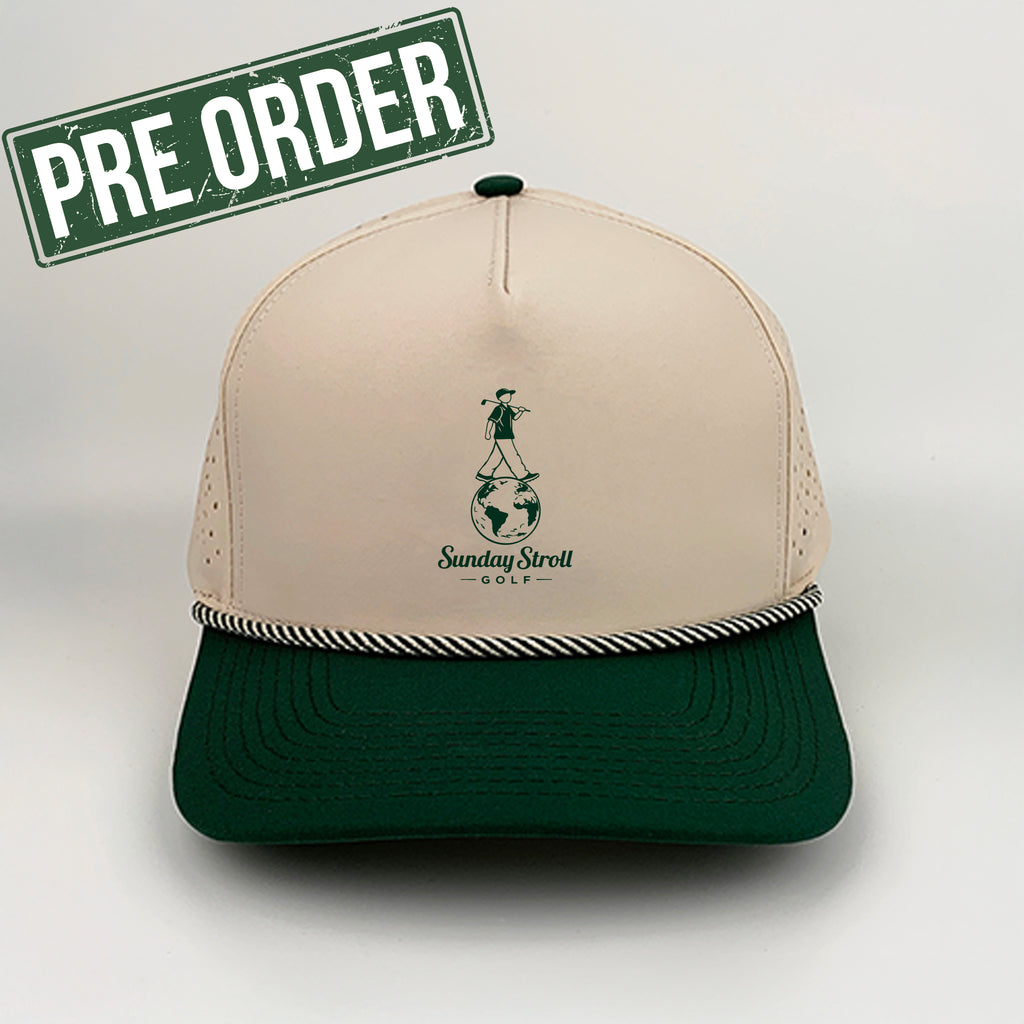 Beige and green cap with a logo and 'Pre Order' label on a light gray background