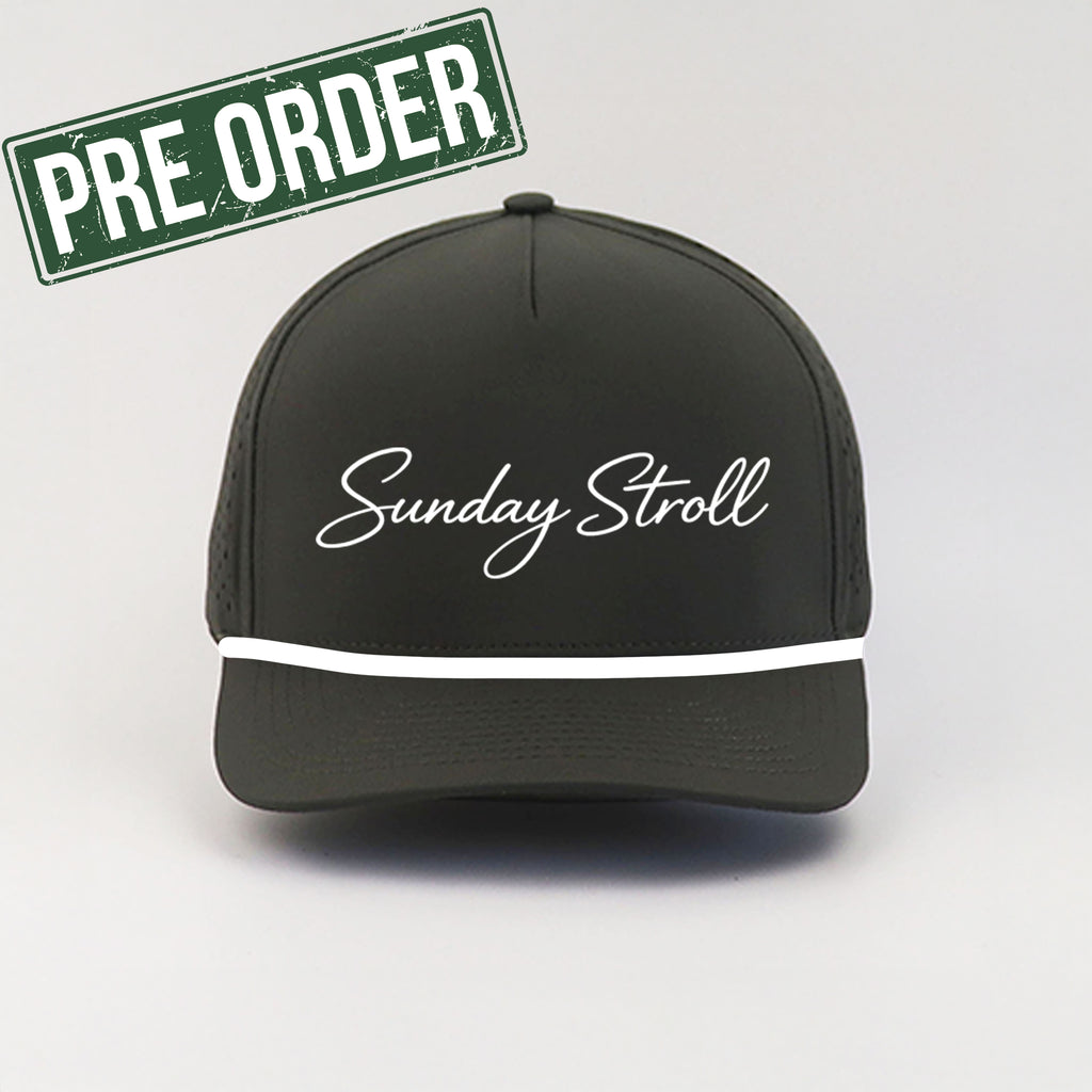 Green cap with 'Sunday Stroll' text on a gray background, featuring a pre-order stamp.