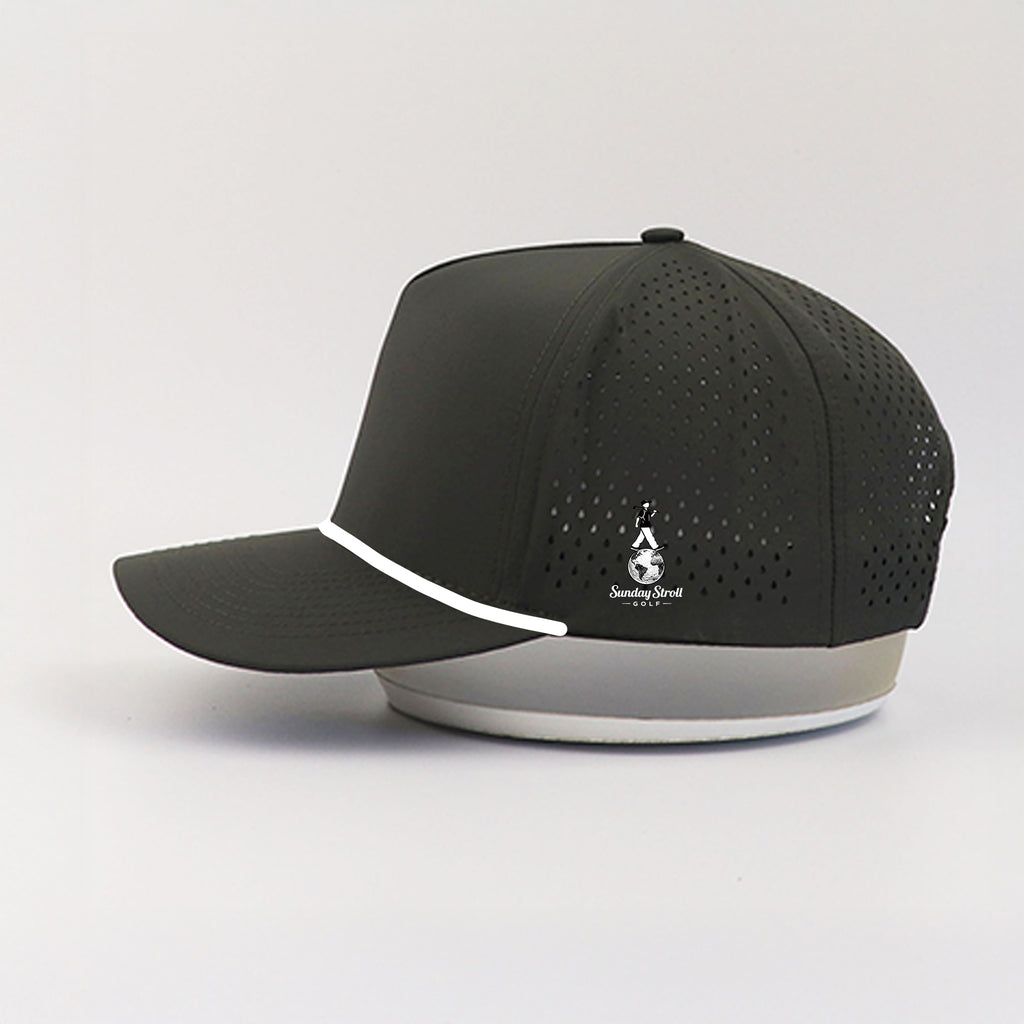 Green golf hat with white accents on a light gray background