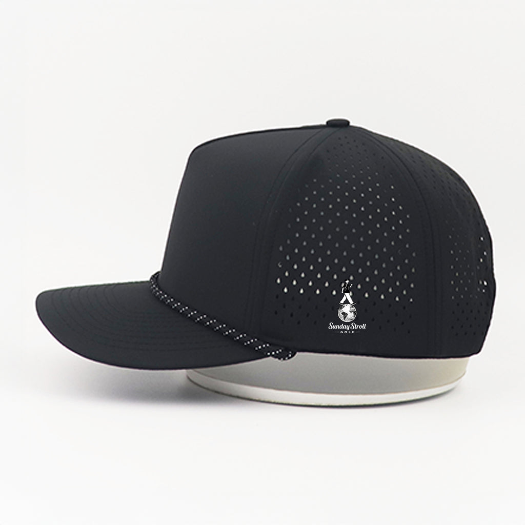 Black golf hat with a brand logo on a white background