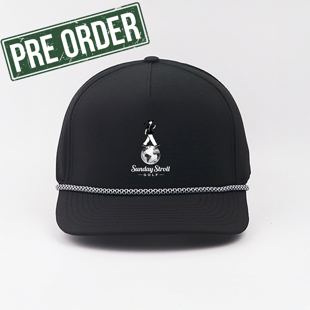 Black cap with white logo and text on a light gray background, featuring a 'Pre Order' stamp.