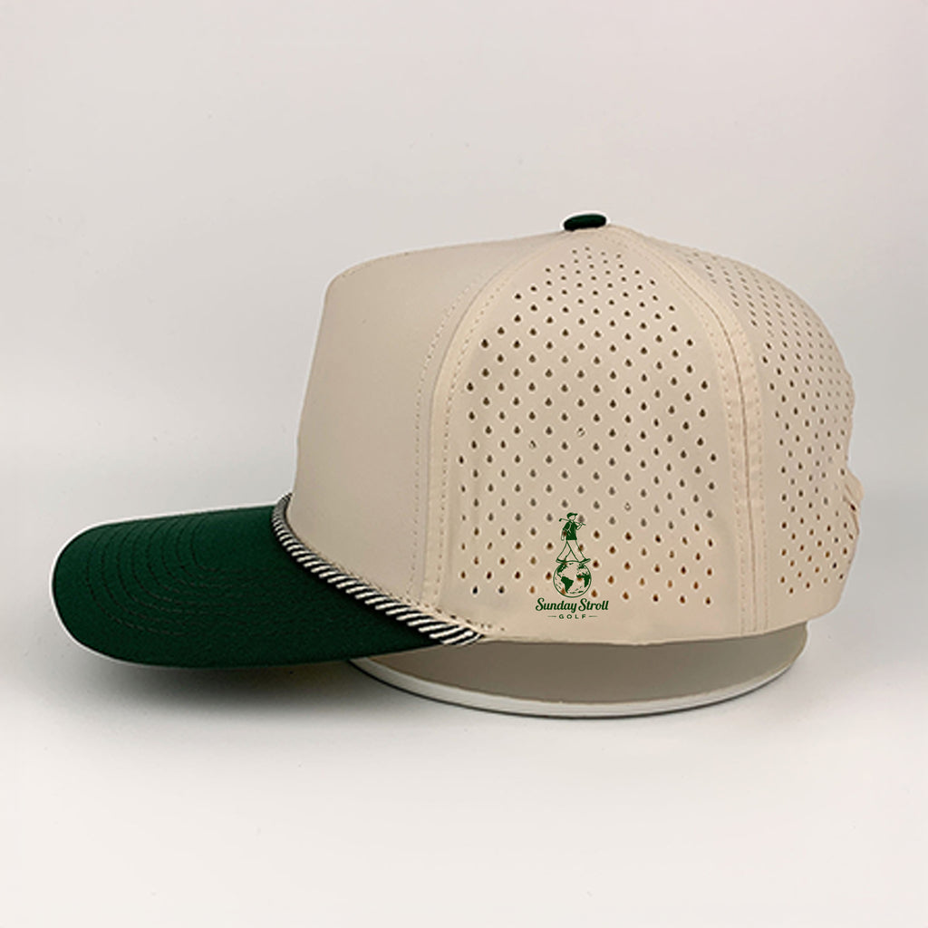 Beige and green golf hat with a brand logo on a white background