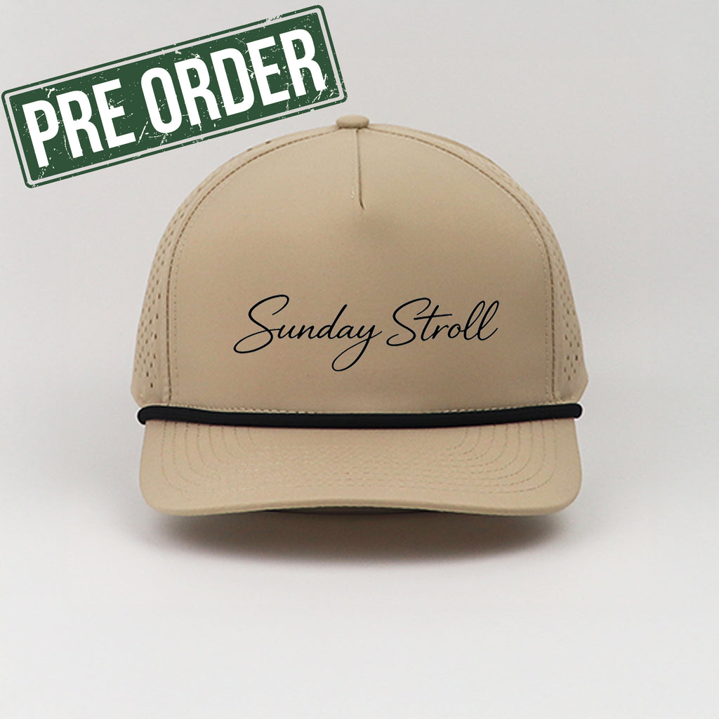Beige cap with 'Sunday Stroll' text and 'Pre Order' label on a light gray background