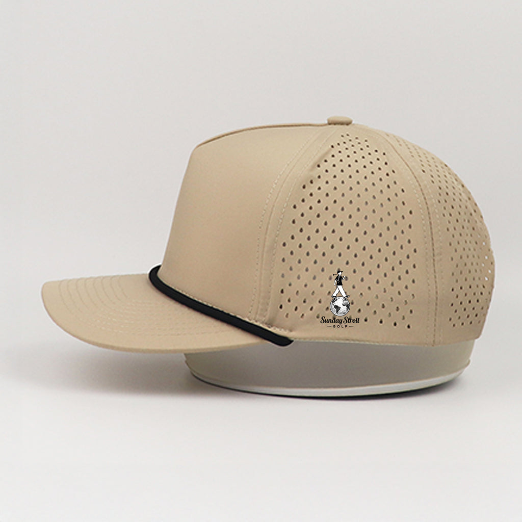 Beige golf hat with black rope and brand logo on a light gray background