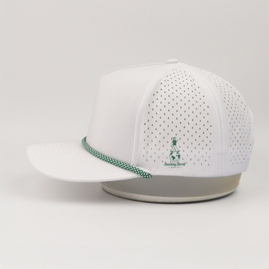 White cap with green band and logo on a light gray background